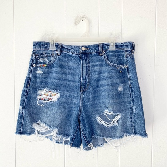 American Eagle Highest Rise Baggy Short Sz 16 Rainbow Embroidered Festival Love - Picture 1 of 15